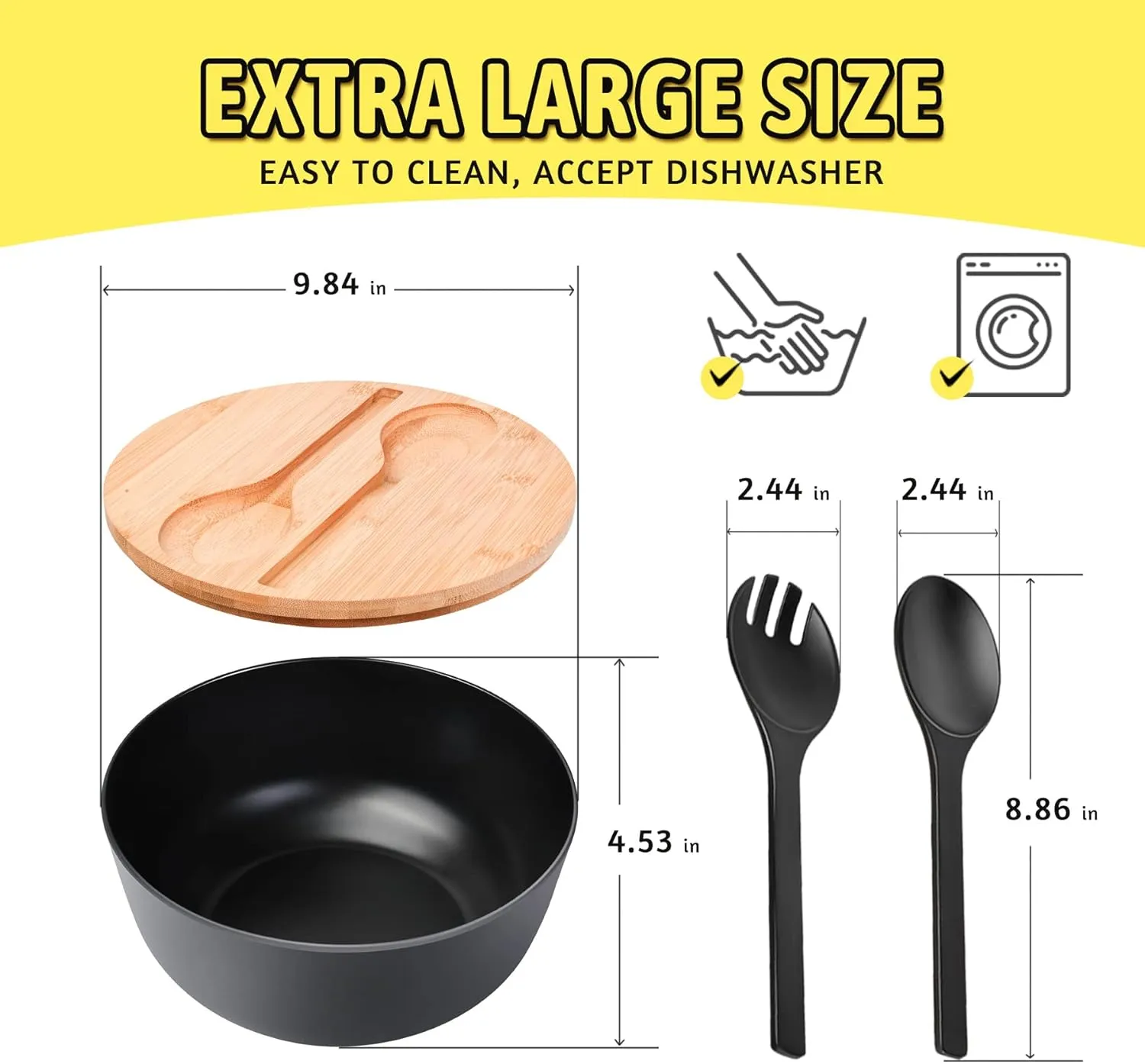 Bamboo Fiber Bowl with Lid & Servers, 4Qt, Melamine Serving Set, Mixing Bowl with Spoon Fork for Salad, Fruits, Vegetables and Pasta (Black, 9.8inch)