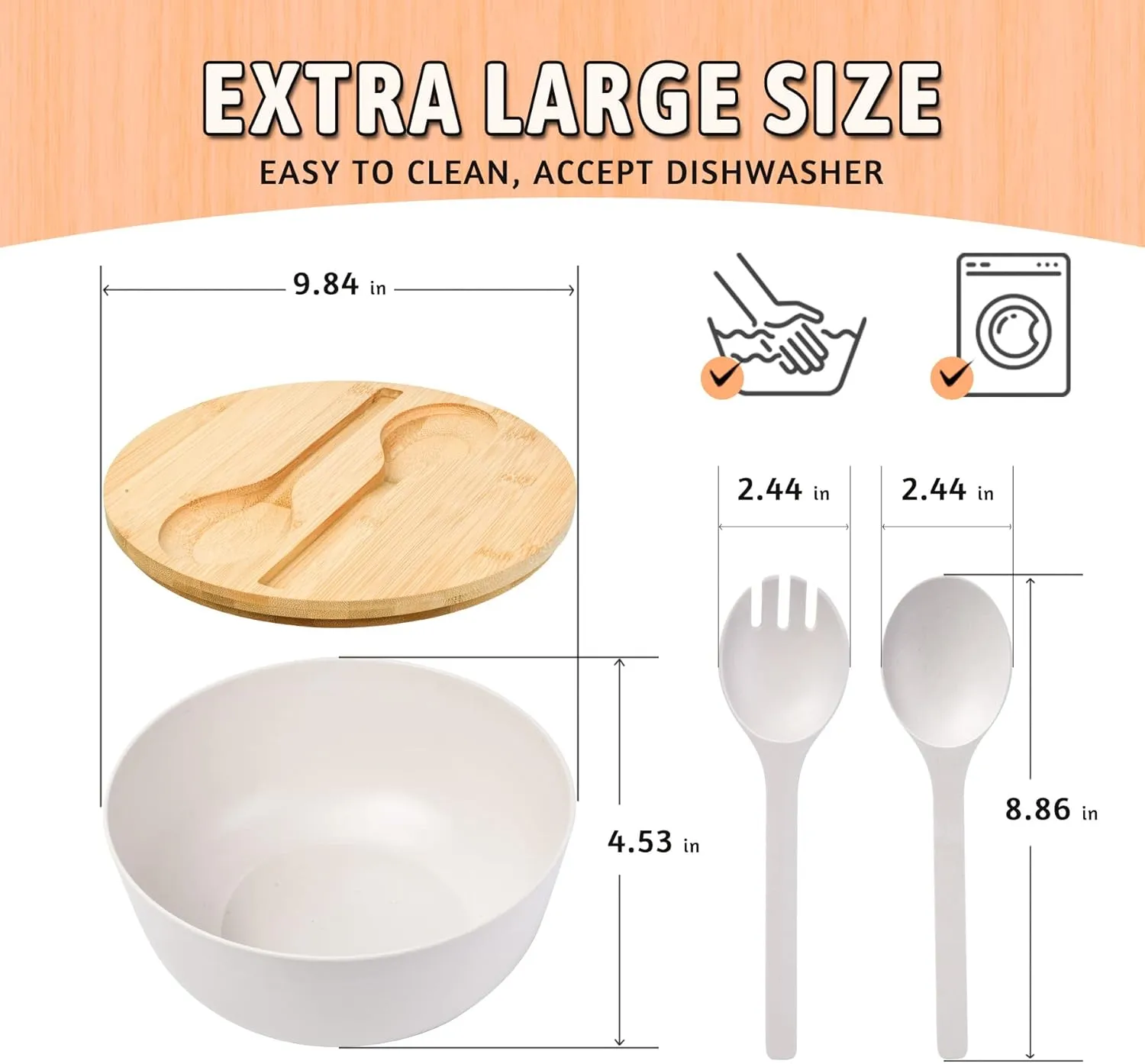 Bamboo Fiber Salad Bowl Set with Lid & Servers, 4Qt Large Serving Bowl with Bamboo Lid, 130OZ Mixing Bowl with Spoon Fork for Salad Fruits Vegetables and Pasta (White, 9.8inch)