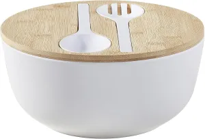 Bamboo Fiber Salad Bowl Set with Lid & Servers, 4Qt Large Serving Bowl with Bamboo Lid, 130OZ Mixing Bowl with Spoon Fork for Salad Fruits Vegetables and Pasta (White, 9.8inch)
