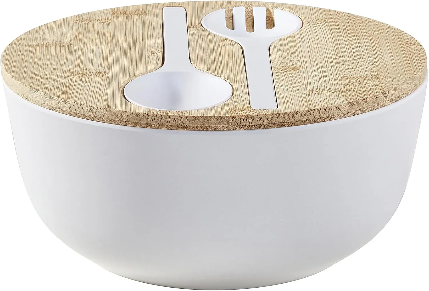 Bamboo Fiber Salad Bowl Set with Lid & Servers, 4Qt Large Serving Bowl with Bamboo Lid, 130OZ Mixing Bowl with Spoon Fork for Salad Fruits Vegetables and Pasta (White, 9.8inch)