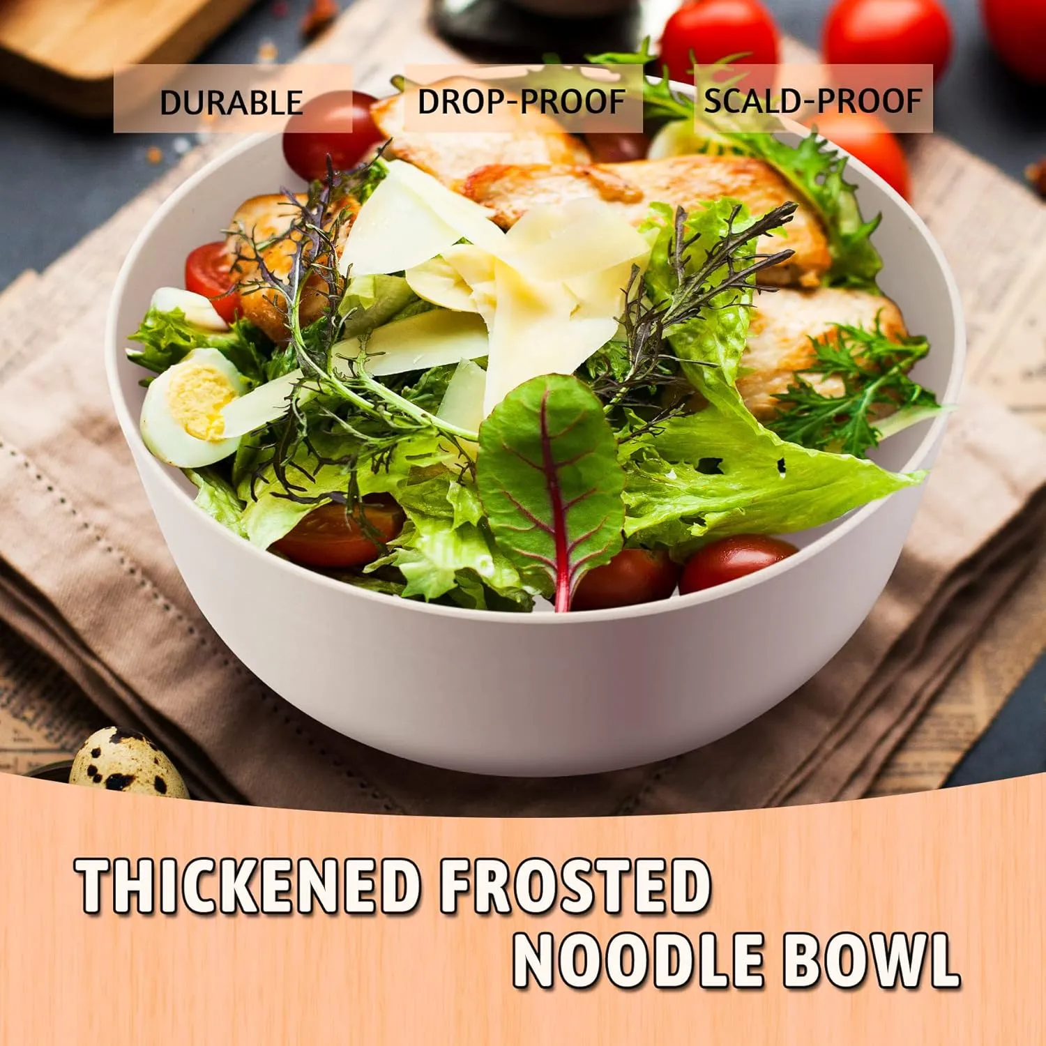 Bamboo Fiber Salad Bowl Set with Lid & Servers, 4Qt Large Serving Bowl with Bamboo Lid, 130OZ Mixing Bowl with Spoon Fork for Salad Fruits Vegetables and Pasta (White, 9.8inch)
