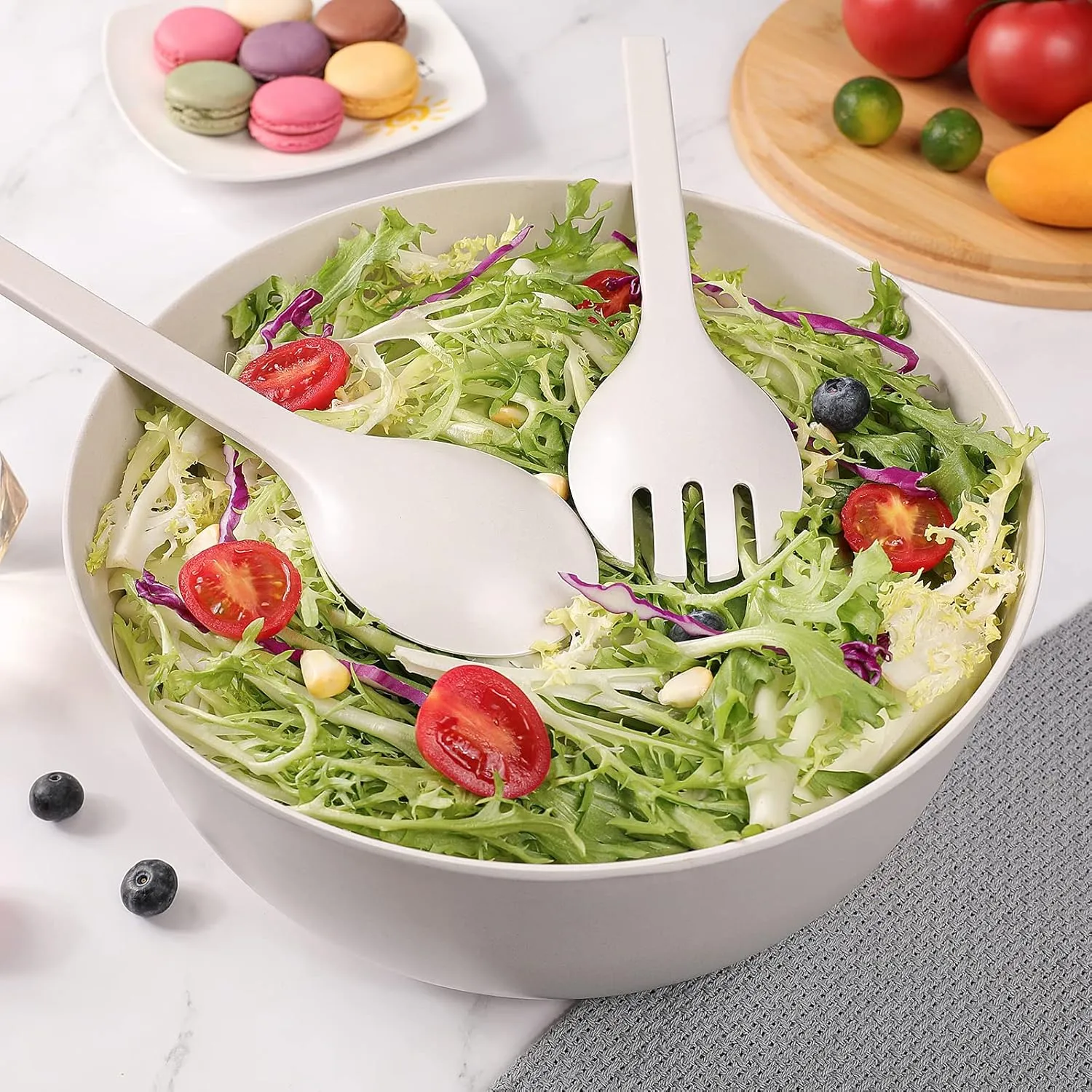 Bamboo Fiber Salad Bowl Set with Lid & Servers, 4Qt Large Serving Bowl with Bamboo Lid, 130OZ Mixing Bowl with Spoon Fork for Salad Fruits Vegetables and Pasta (White, 9.8inch)