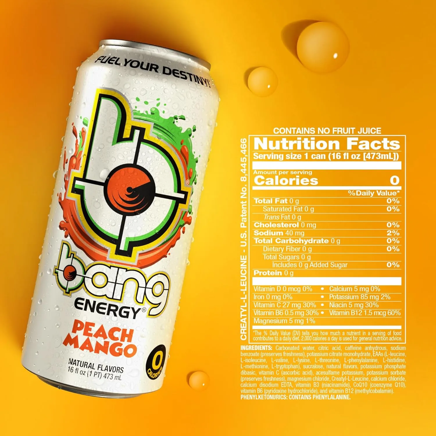 Bang Energy Peach Mango, Sugar-Free Energy Drink, 16-Ounce (Pack of 12)