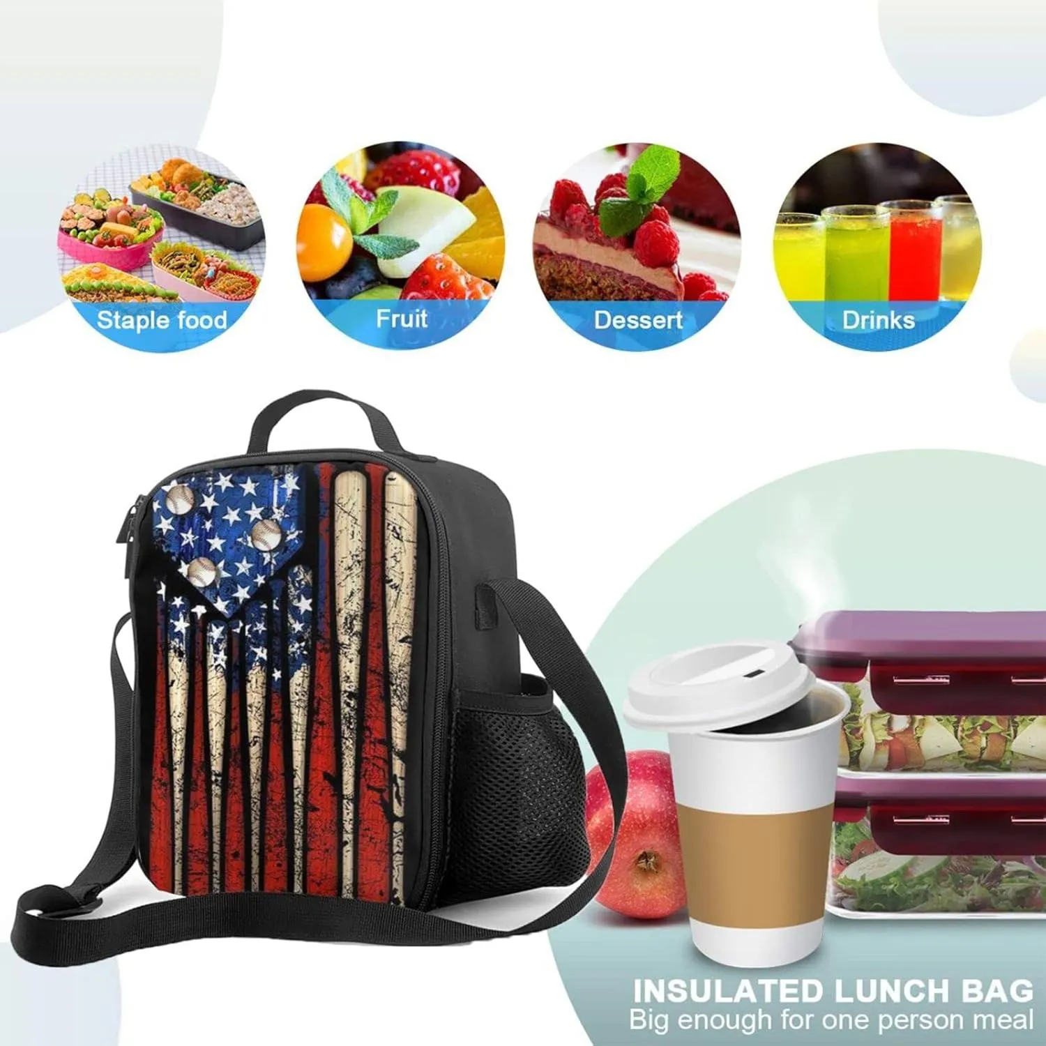 Baseball Lunch Bag with Adjustable Shoulder Strap Outdoor Sports American Flag Insulated Lunch Bags Box Cooler Thermal Reusable Lunch Tote bag for Boys Men