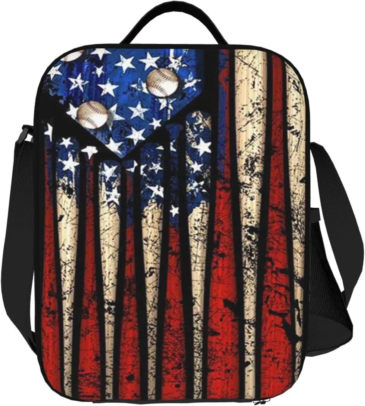Baseball Lunch Bag with Adjustable Shoulder Strap Outdoor Sports American Flag Insulated Lunch Bags Box Cooler Thermal Reusable Lunch Tote bag for Boys Men