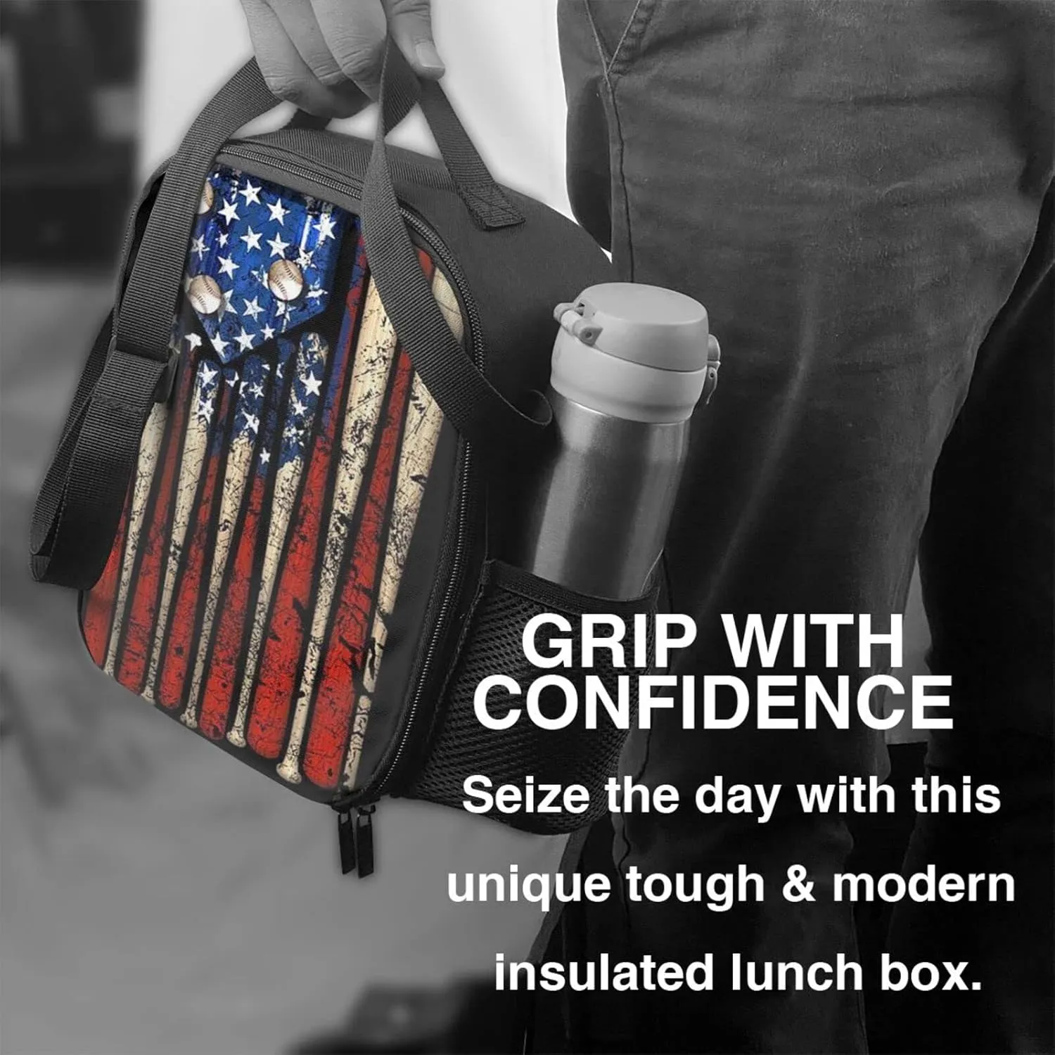 Baseball Lunch Bag with Adjustable Shoulder Strap Outdoor Sports American Flag Insulated Lunch Bags Box Cooler Thermal Reusable Lunch Tote bag for Boys Men