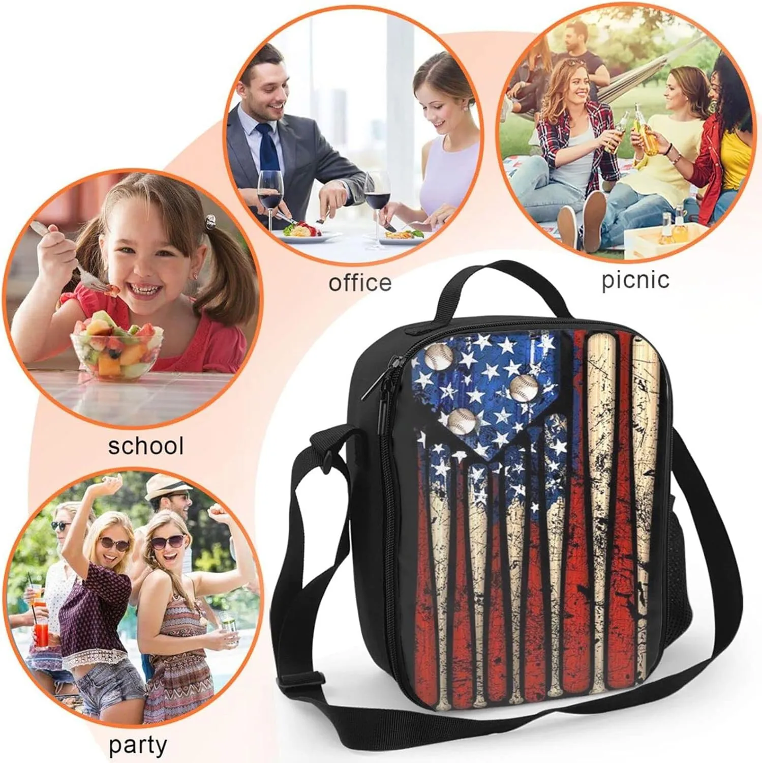 Baseball Lunch Bag with Adjustable Shoulder Strap Outdoor Sports American Flag Insulated Lunch Bags Box Cooler Thermal Reusable Lunch Tote bag for Boys Men