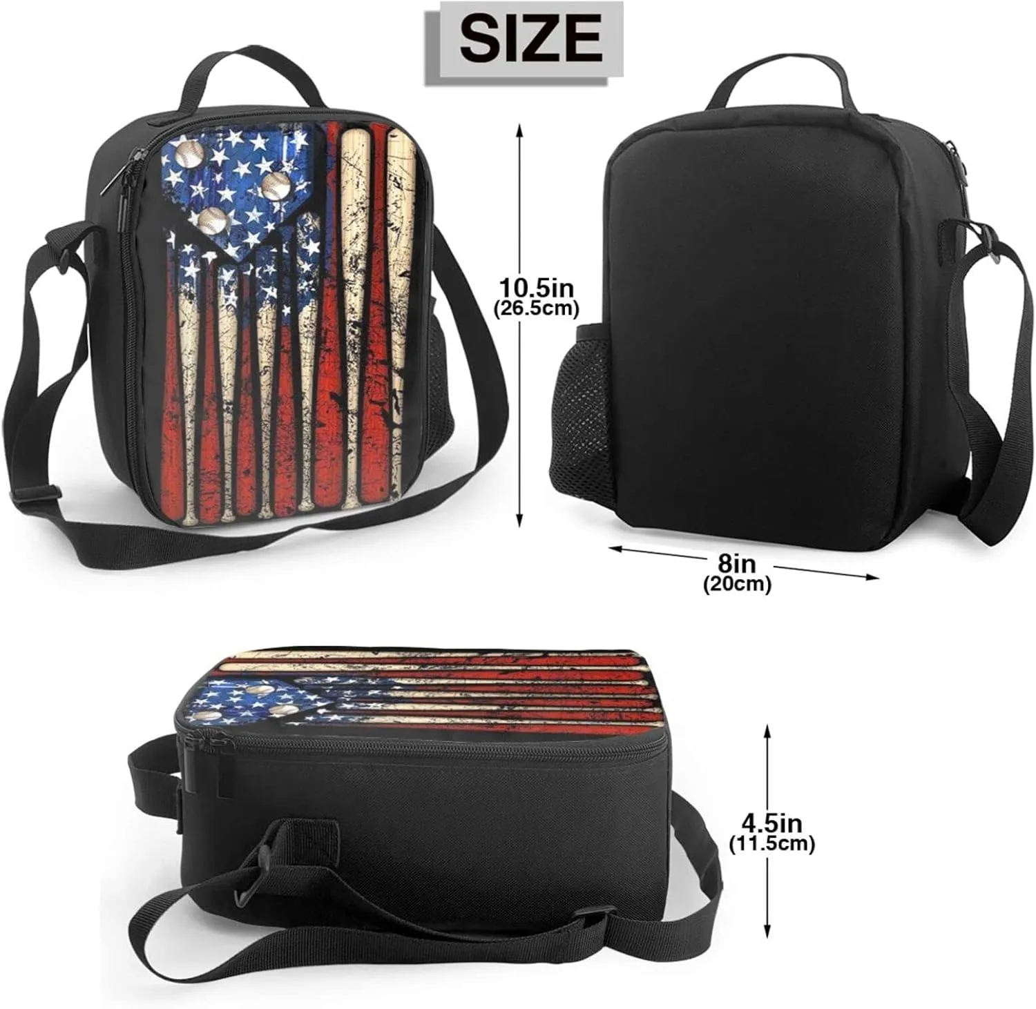 Baseball Lunch Bag with Adjustable Shoulder Strap Outdoor Sports American Flag Insulated Lunch Bags Box Cooler Thermal Reusable Lunch Tote bag for Boys Men
