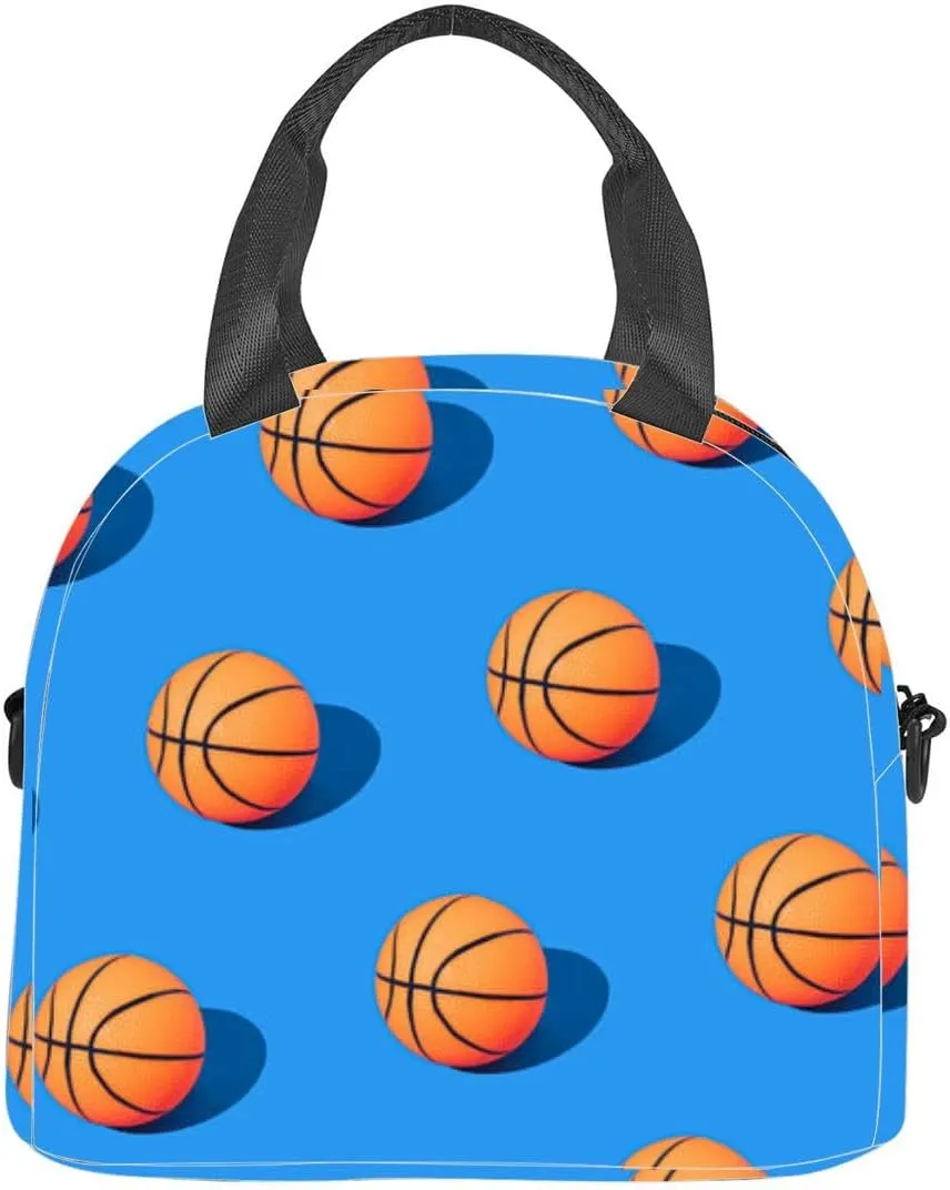Basketballs pastel blue Minimal basketball Champion mood Orange balls Insulated Adult Lunch Bag with Shoulder Strap for Women Lightweight Reusable Portable Freezable Lunch Tote Bag for Work Picnic