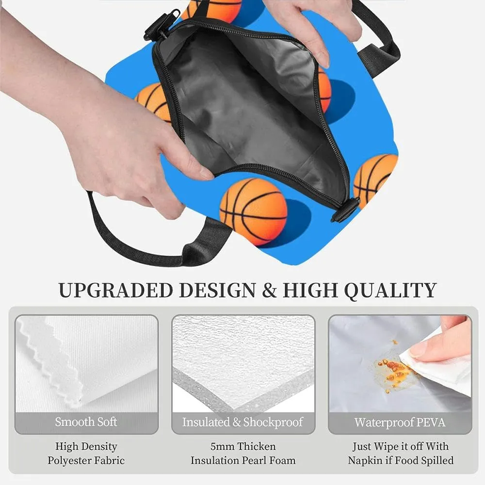 Basketballs pastel blue Minimal basketball Champion mood Orange balls Insulated Adult Lunch Bag with Shoulder Strap for Women Lightweight Reusable Portable Freezable Lunch Tote Bag for Work Picnic