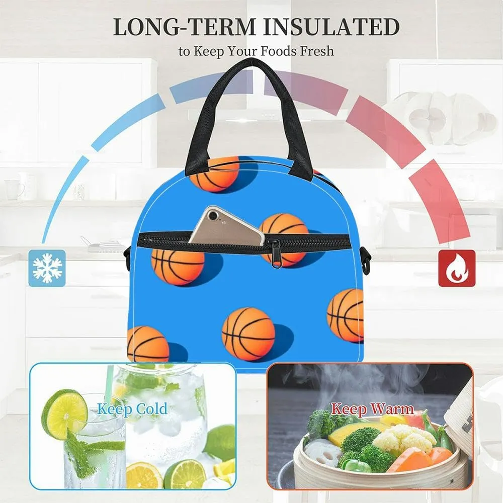 Basketballs pastel blue Minimal basketball Champion mood Orange balls Insulated Adult Lunch Bag with Shoulder Strap for Women Lightweight Reusable Portable Freezable Lunch Tote Bag for Work Picnic