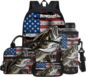 Bass American Flag Pattern Backpack for Boys School Bags Set with Insulated Lunch Bag Cooler Water Bottle Sleeve Pencil Pen Case 4 Pieces for Teenage Student