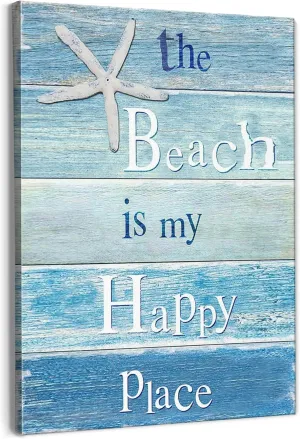 Beach House Wall Decor,Beach Canvas Wall Art,Coastal Wall Decor,The Bech is My Happy Place Wall Decoration for Bathroom Decor, Decorations for Coastal Home Room Decor 11x14