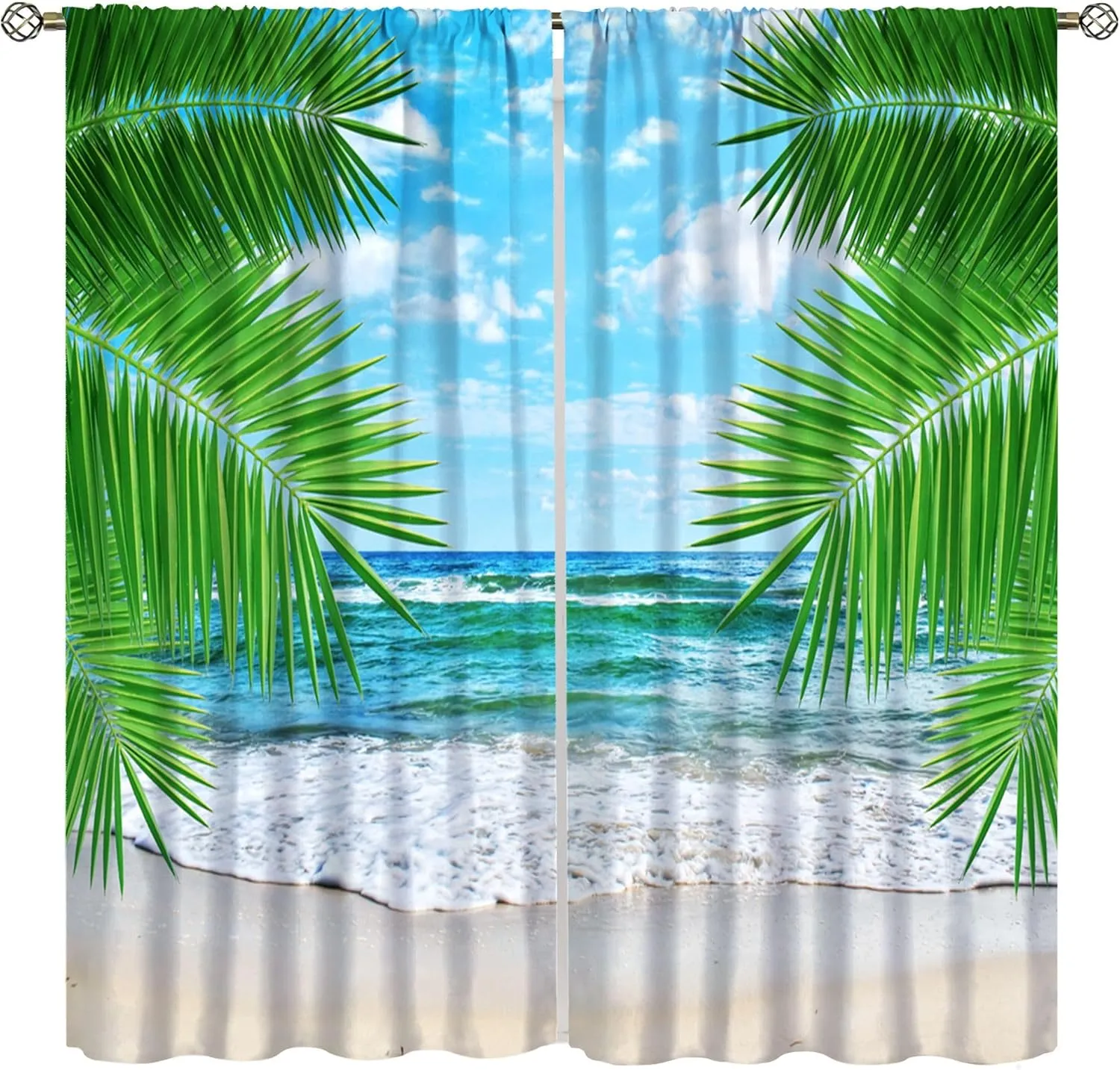 Beach Landscape Curtains for Kitchen,Tropical Palm Elm Beach Ocean Waves Relaxing View Window Treatments for Bedroom Living Room Bathroom 42x44.5in