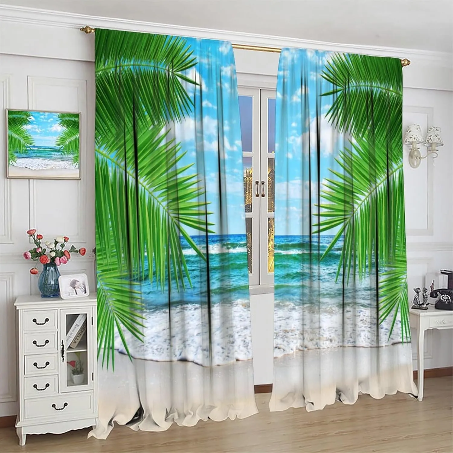 Beach Landscape Curtains for Kitchen,Tropical Palm Elm Beach Ocean Waves Relaxing View Window Treatments for Bedroom Living Room Bathroom 42x44.5in