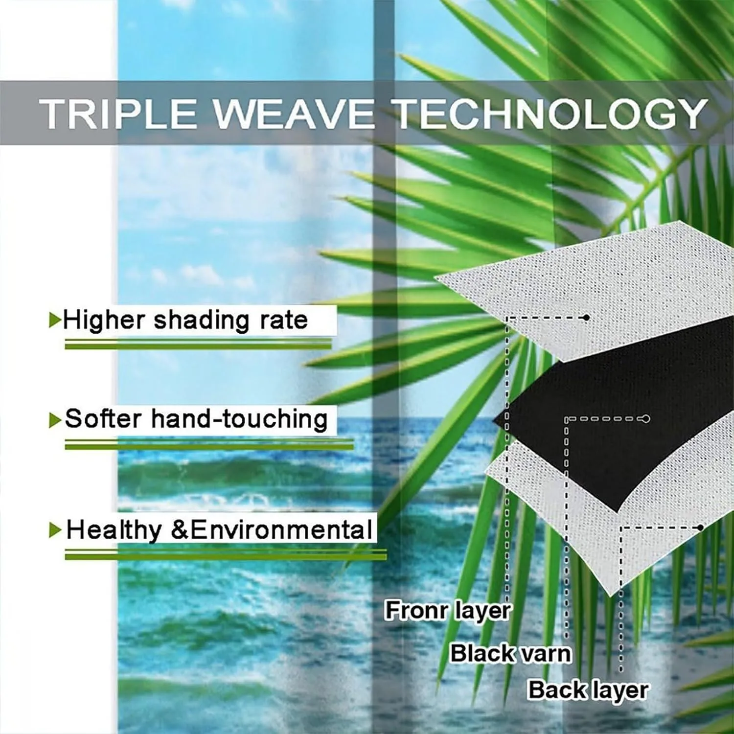 Beach Landscape Curtains for Kitchen,Tropical Palm Elm Beach Ocean Waves Relaxing View Window Treatments for Bedroom Living Room Bathroom 42x44.5in