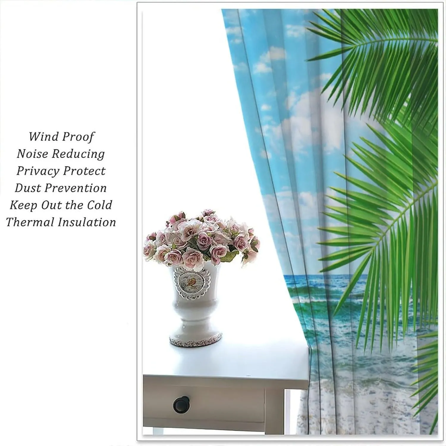 Beach Landscape Curtains for Kitchen,Tropical Palm Elm Beach Ocean Waves Relaxing View Window Treatments for Bedroom Living Room Bathroom 42x44.5in