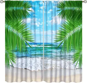 Beach Landscape Curtains for Kitchen,Tropical Palm Elm Beach Ocean Waves Relaxing View Window Treatments for Bedroom Living Room Bathroom 42x44.5in