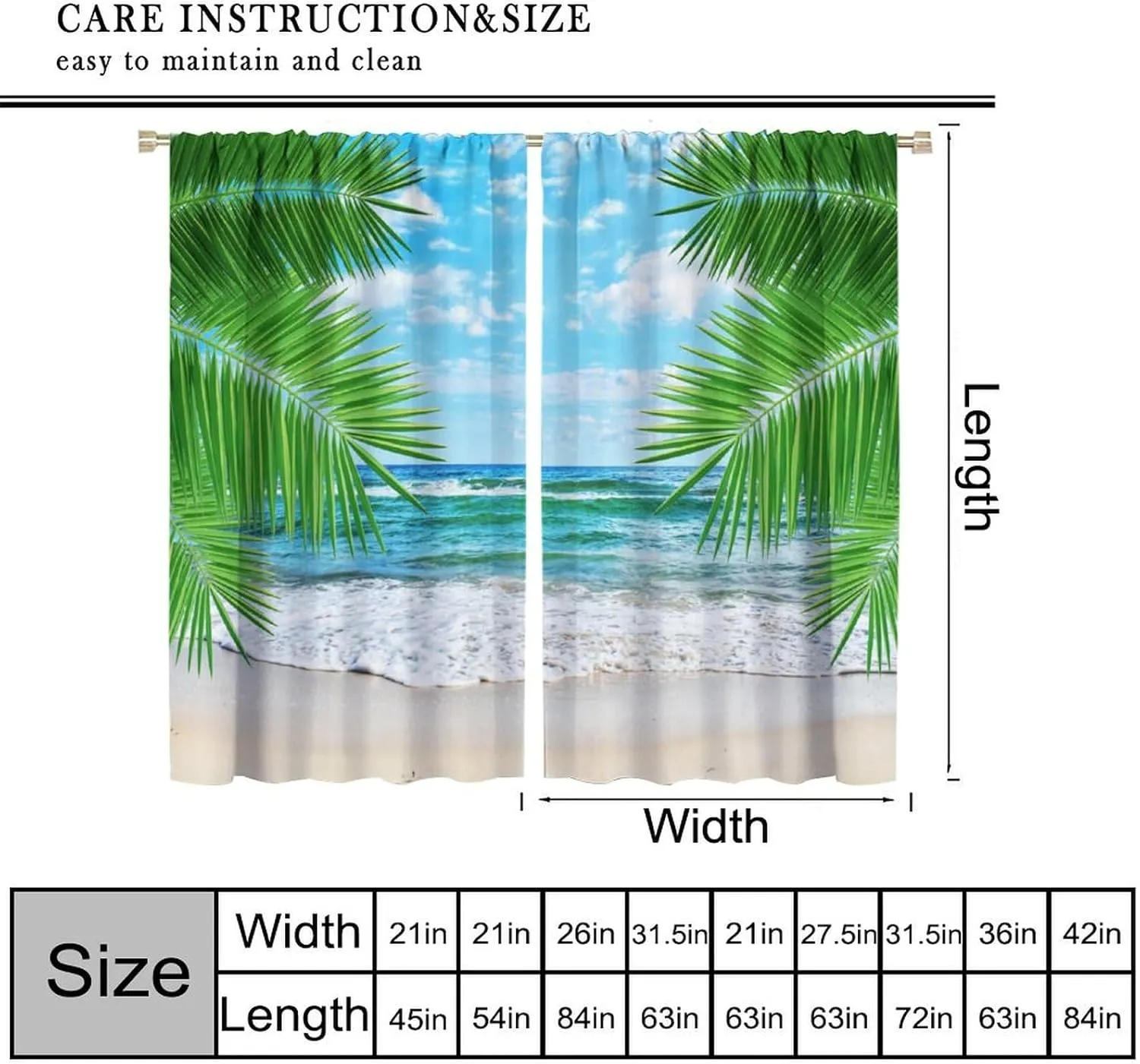 Beach Landscape Curtains for Kitchen,Tropical Palm Elm Beach Ocean Waves Relaxing View Window Treatments for Bedroom Living Room Bathroom 42x44.5in