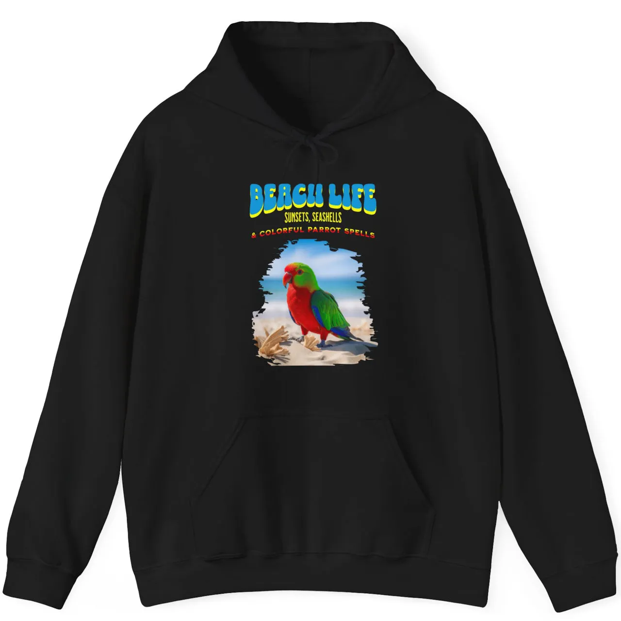 Beach Life Parrot Spells Drawstring Hoodie