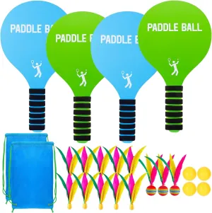 Beach Paddle Ball Set - Funny Paddleball Rackets Game, Outdoor Sports Toys for Kids Adults Family Games Beach Yard Lawn Party Supplies(4 Paddles, 13 Birdies, 4 Balls, 2 Drawstring Bags)