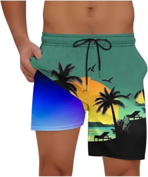 Beach Shorts for Men 2 in 1 Athletic Shorts Casual Drawstring Loose Elastic Waist Vacation Floral Print Pants