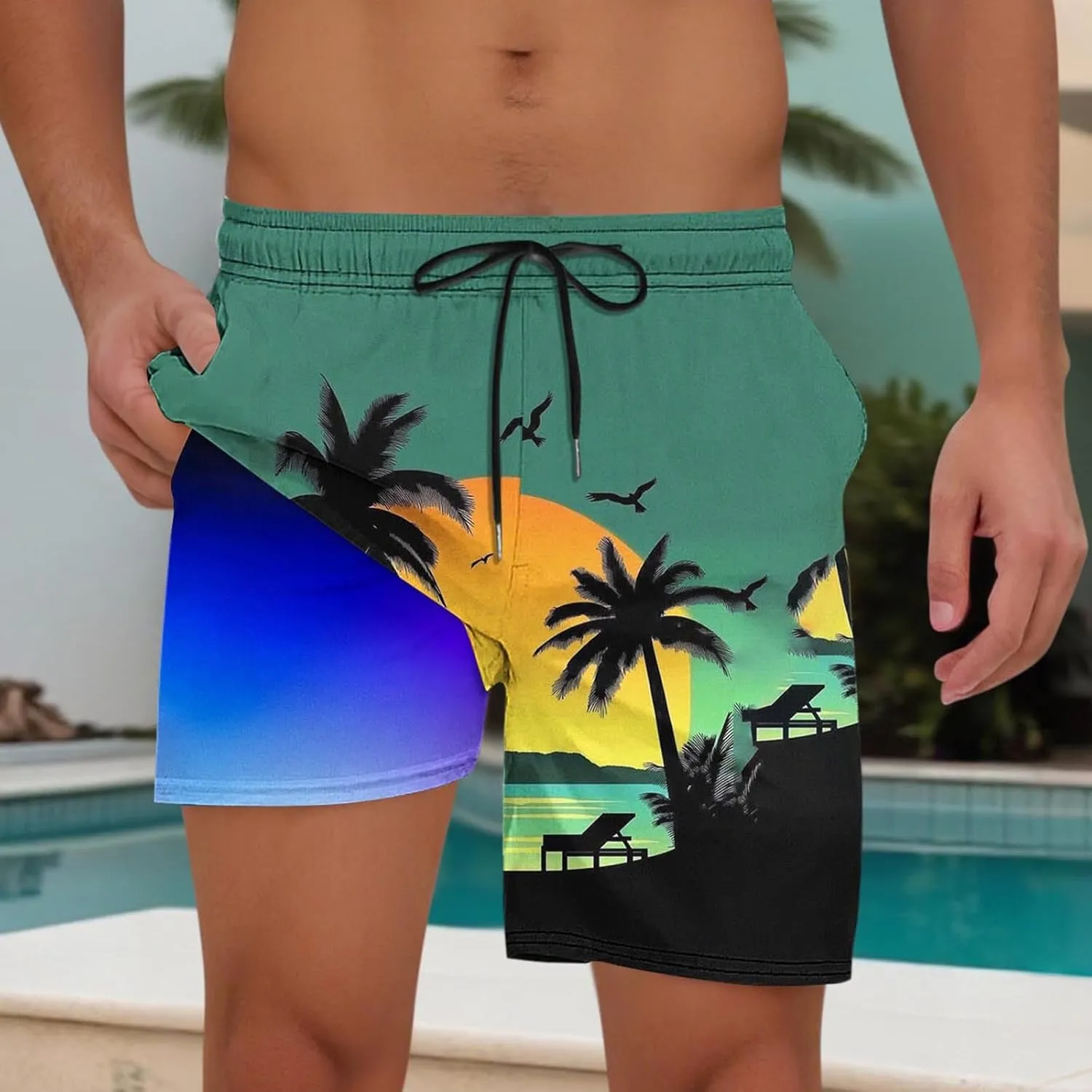 Beach Shorts for Men 2 in 1 Athletic Shorts Casual Drawstring Loose Elastic Waist Vacation Floral Print Pants