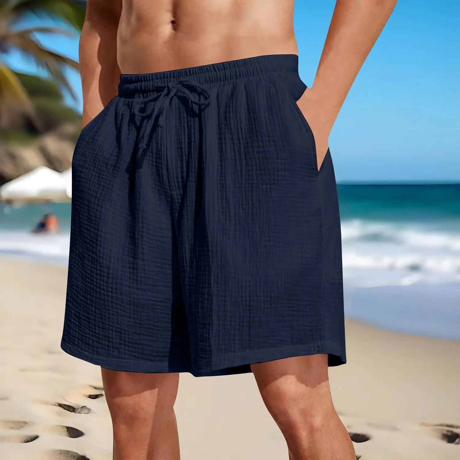 Beach Shorts for Men 5 Inch Textured Elastic Waist Drawstring Workout Running Jogging Active Wear with Pockets 2025