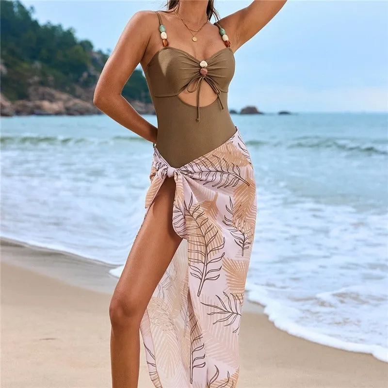 Beaded Drawstring One-Piece Swimsuit With Skirt Set