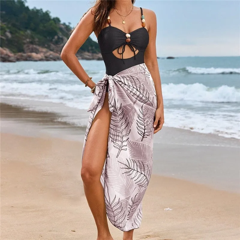 Beaded Drawstring One-Piece Swimsuit With Skirt Set