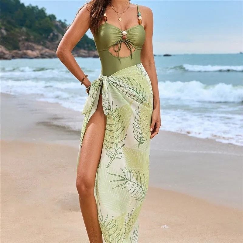 Beaded Drawstring One-Piece Swimsuit With Skirt Set