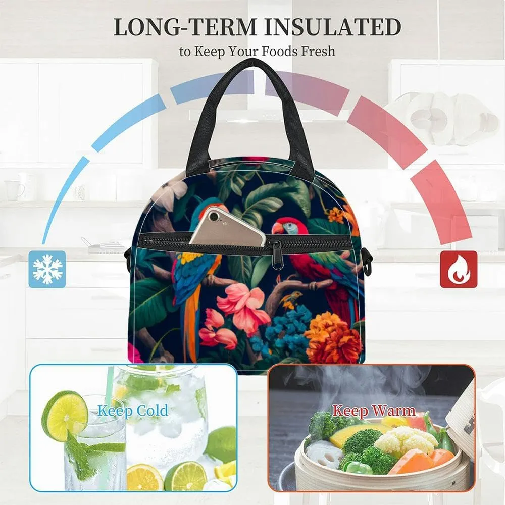 beautiful parrots and tropical leaves Birds Insulated Adult Lunch Bag with Shoulder Strap for Women Lightweight Reusable Portable Freezable Lunch Tote Bag for Work Picnic