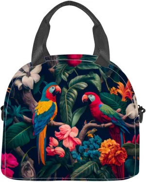 beautiful parrots and tropical leaves Birds Insulated Adult Lunch Bag with Shoulder Strap for Women Lightweight Reusable Portable Freezable Lunch Tote Bag for Work Picnic