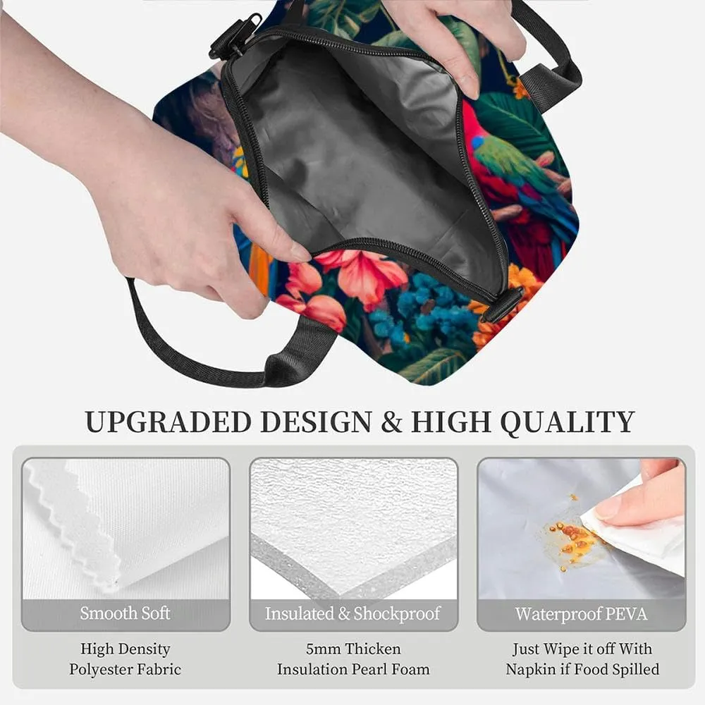 beautiful parrots and tropical leaves Birds Insulated Adult Lunch Bag with Shoulder Strap for Women Lightweight Reusable Portable Freezable Lunch Tote Bag for Work Picnic