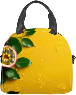 Beautiful purple passion fruits a yellow copy space text Insulated Adult Lunch Bag with Shoulder Strap for Women Lightweight Reusable Portable Freezable Lunch Tote Bag for Work Picnic