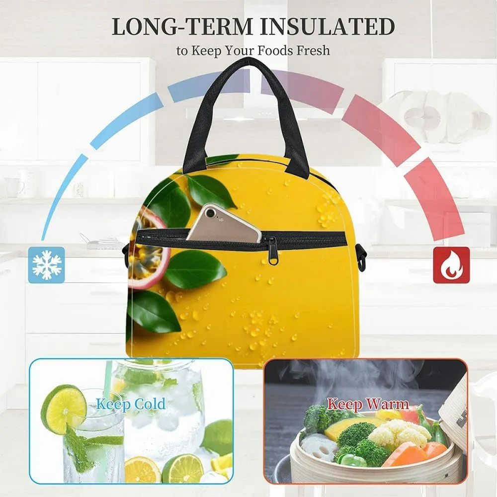 Beautiful purple passion fruits a yellow copy space text Insulated Adult Lunch Bag with Shoulder Strap for Women Lightweight Reusable Portable Freezable Lunch Tote Bag for Work Picnic