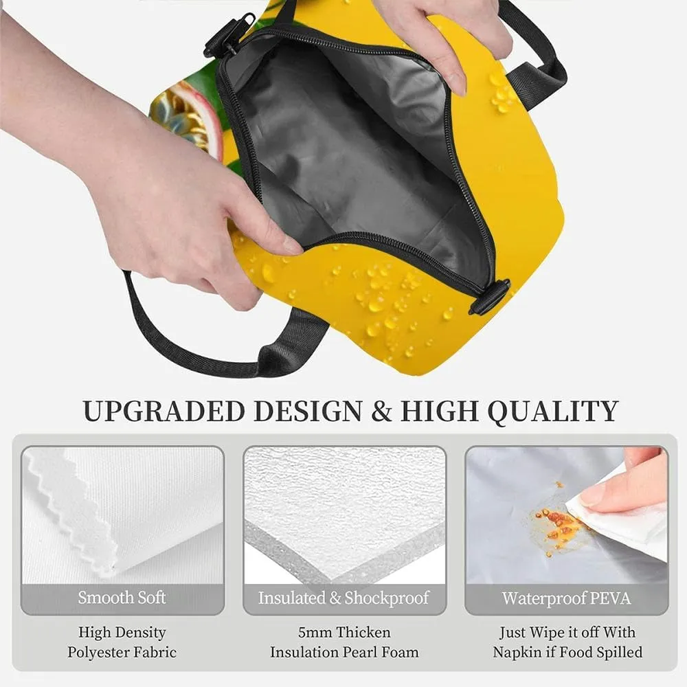 Beautiful purple passion fruits a yellow copy space text Insulated Adult Lunch Bag with Shoulder Strap for Women Lightweight Reusable Portable Freezable Lunch Tote Bag for Work Picnic
