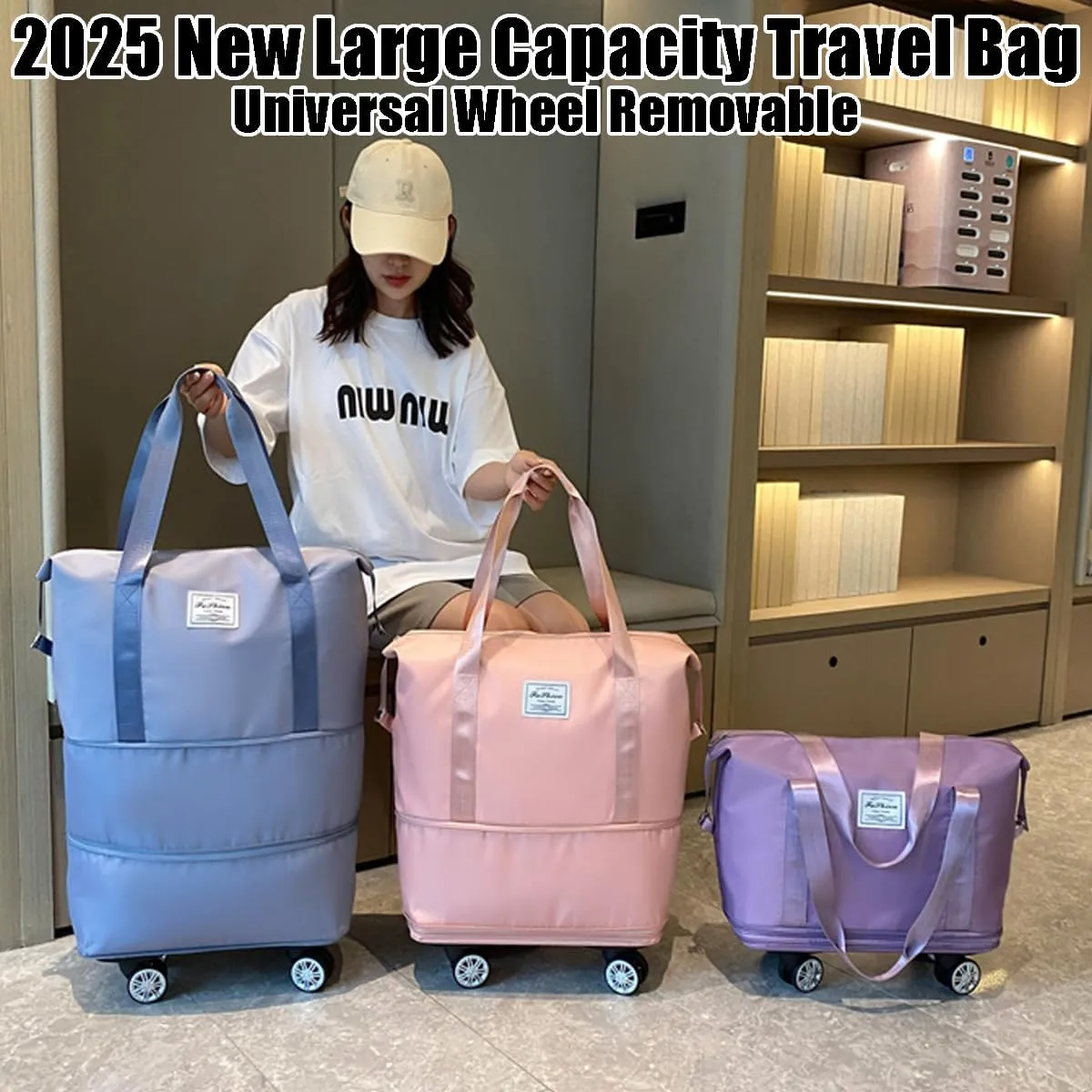 Beente Travel Bag with Wheels, 2025 New Large Capacity Travel Bag - Universal Wheel Removable, Expandable, Foldable, Lightweight Carry (Light Grey)