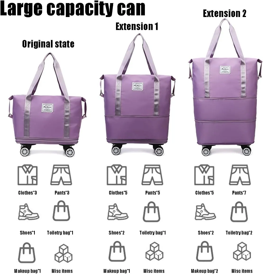 Beente Travel Bag with Wheels, 2025 New Large Capacity Travel Bag - Universal Wheel Removable, Expandable, Foldable, Lightweight Carry (Light Grey)