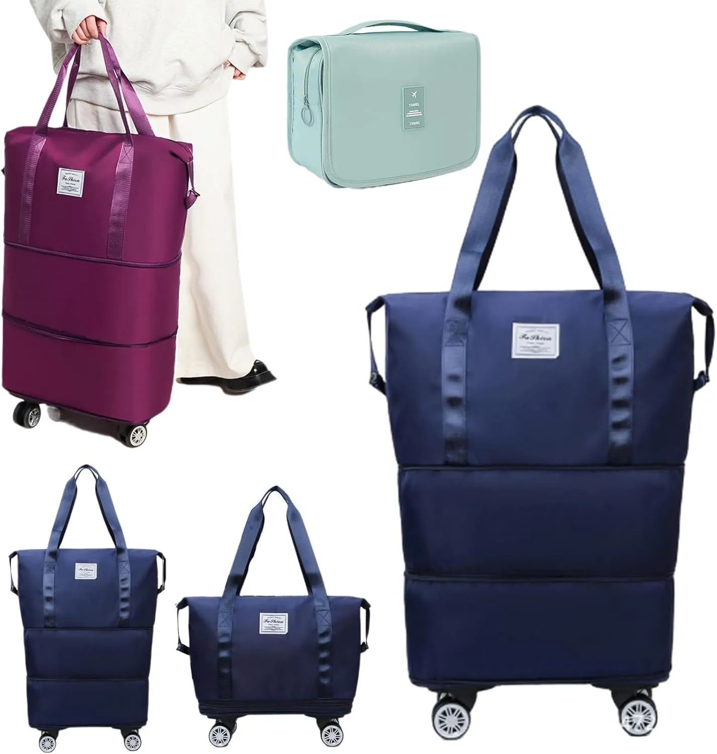 Beente Travel Bag with Wheels, Kulkin 2025 New Large Capacity Travel Bag - Universal Wheel Removable, Dry Wet Separated Tote Bag, Sport Gym Bag with Spinner Wheels on Flight Approved (Dark Blue)