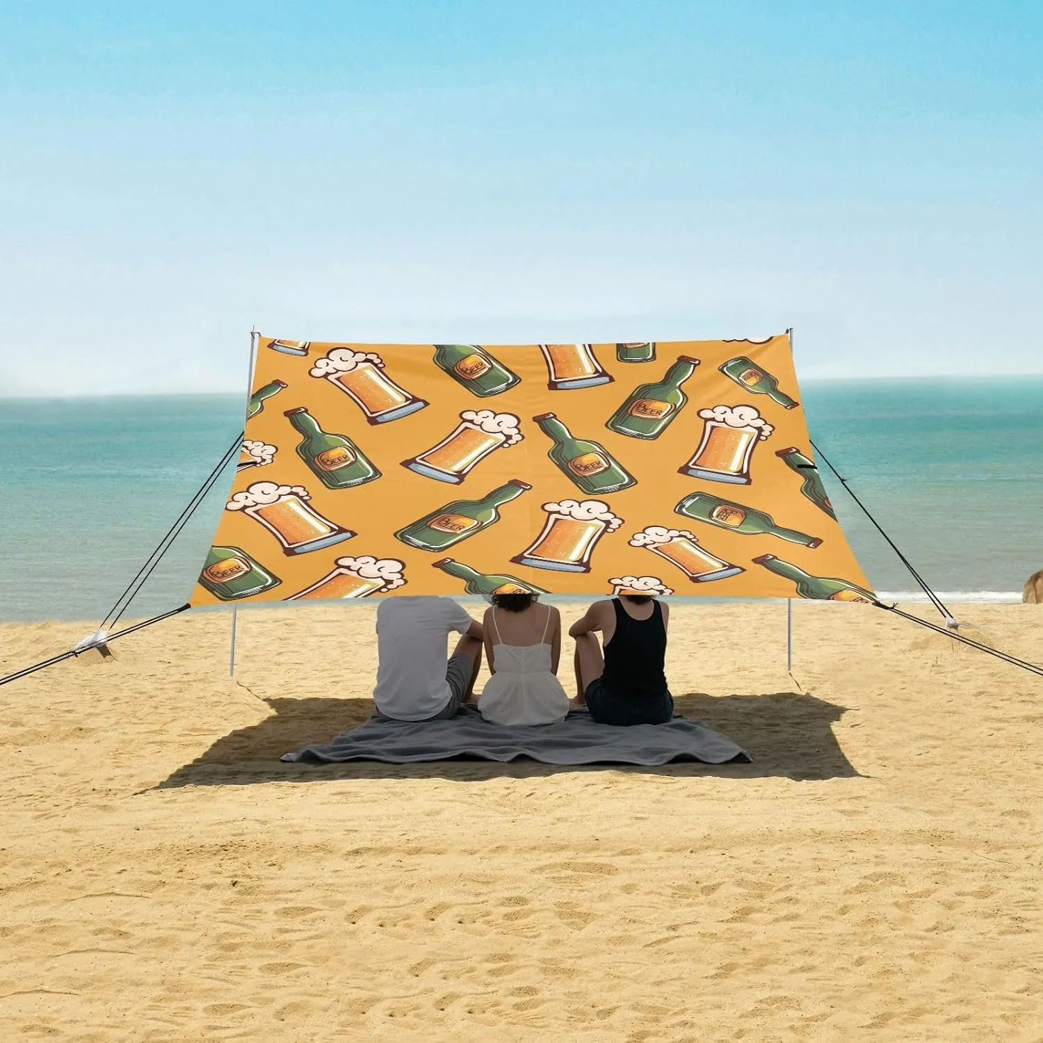 Beers Bottles Glasses Pattern Beach Canopy Tent Anti-UV & Wind Resistant, Camping Sun Shelter Easy Setup Portable,Outdoor Shade Tents with Sandbags,Sand Shovels,Ground Pegs & Stability Poles
