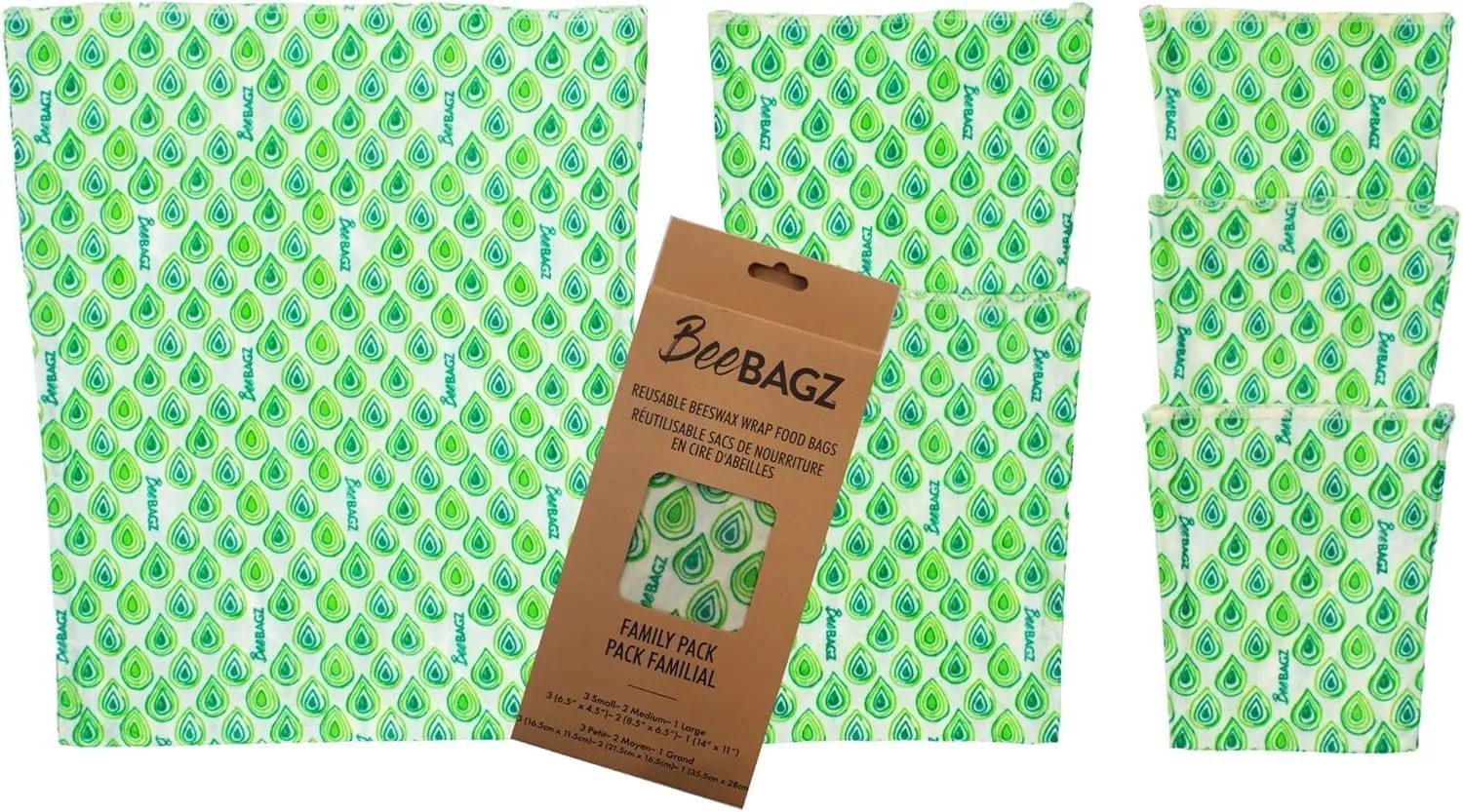 Beeswax Wrap Storage Bag, Reusable Food Storage Bags, Pack of 6, Plastic Free Biodegradable Food Wrap Alternative, Family Pack, 3 Small   2 Medium   1 Large, (Green)
