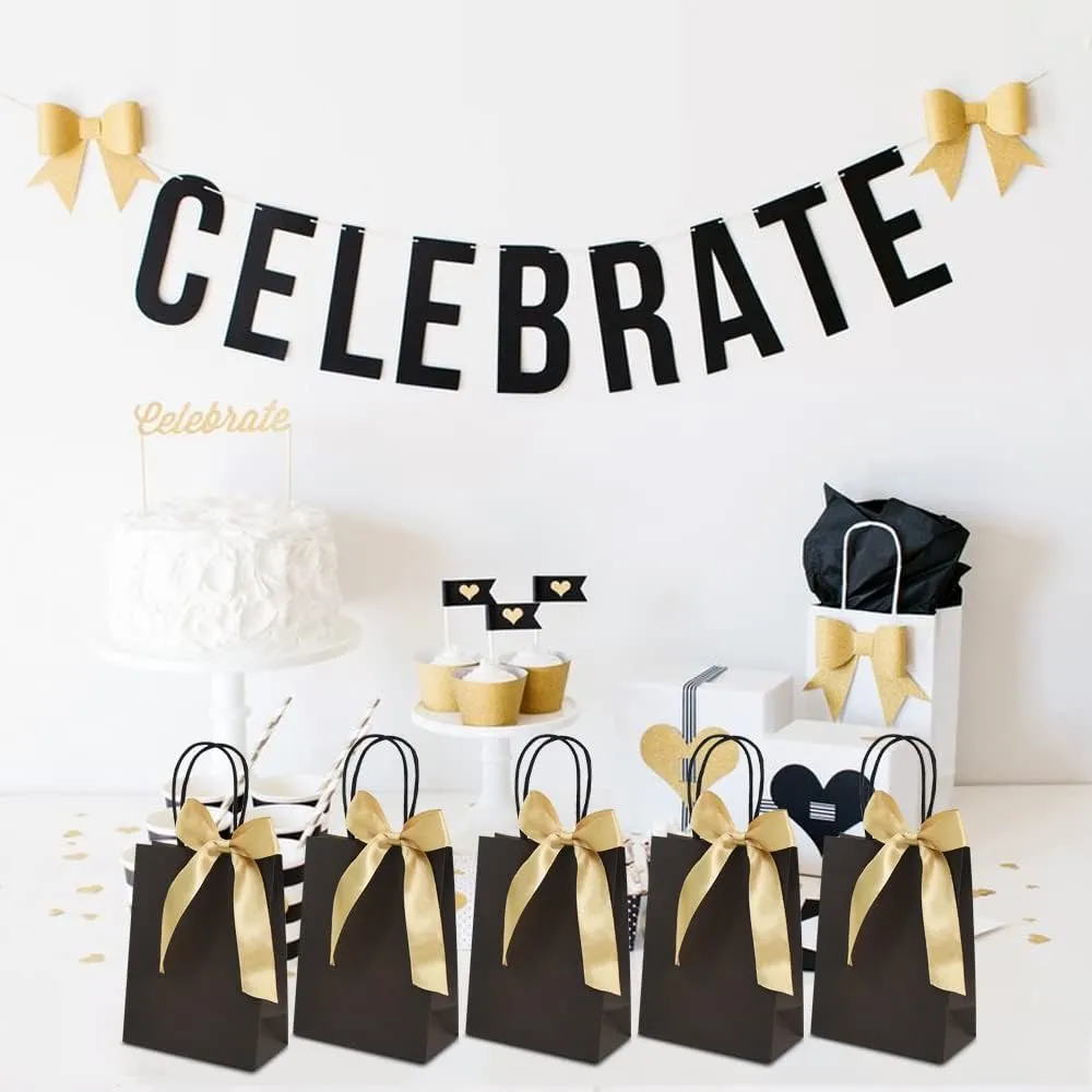 BEISHIDA Gift Bags - Black Gold Small Paper Bags with Handles and Ribbon for Wedding Birthday Parties (Mini, 6.5 x 4.5 x 2.5 Inch, 12PCS)
