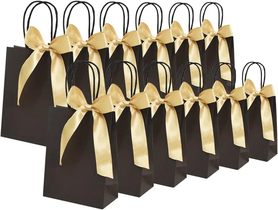 BEISHIDA Gift Bags - Black Gold Small Paper Bags with Handles and Ribbon for Wedding Birthday Parties (Mini, 6.5 x 4.5 x 2.5 Inch, 12PCS)