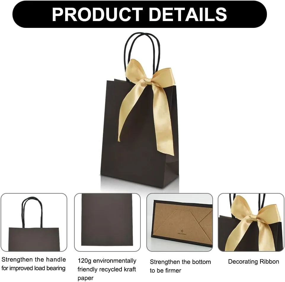 BEISHIDA Gift Bags - Black Gold Small Paper Bags with Handles and Ribbon for Wedding Birthday Parties (Mini, 6.5 x 4.5 x 2.5 Inch, 12PCS)