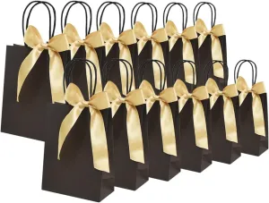 BEISHIDA Gift Bags - Black Gold Small Paper Bags with Handles and Ribbon for Wedding Birthday Parties (Mini, 6.5 x 4.5 x 2.5 Inch, 12PCS)