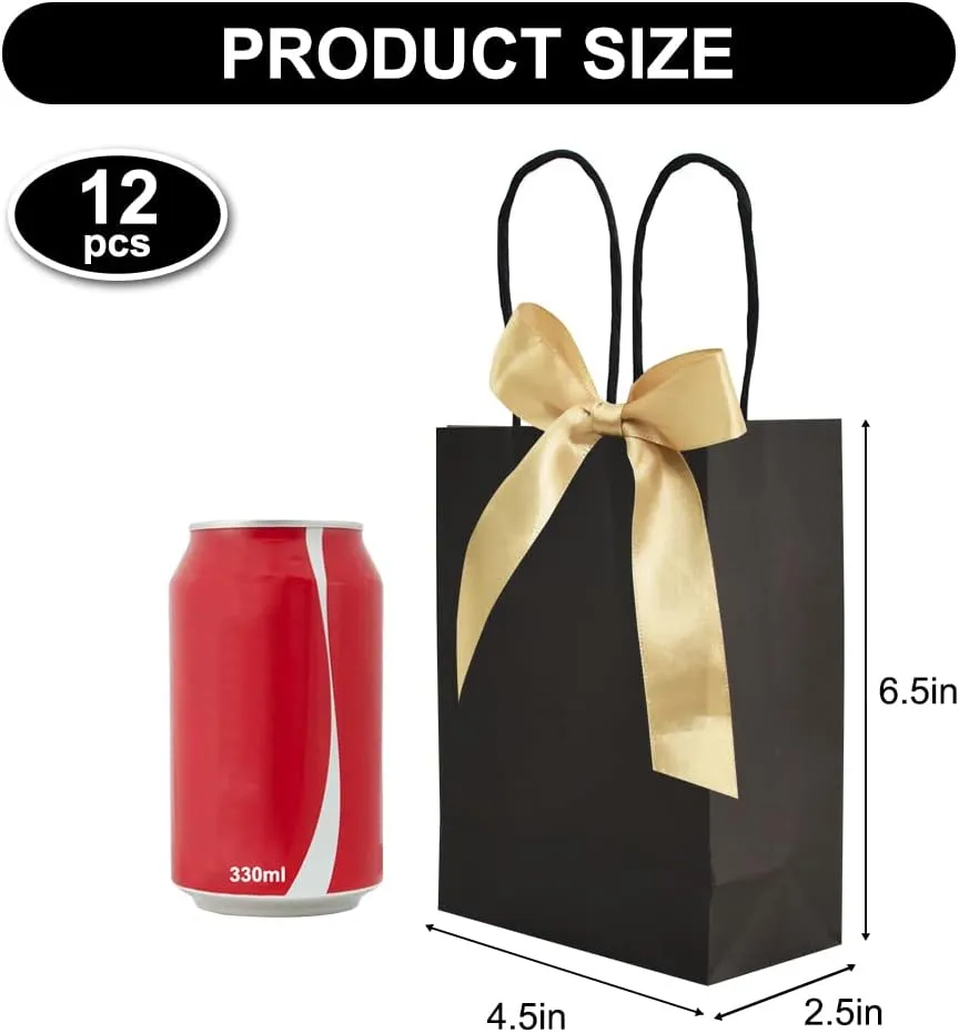 BEISHIDA Gift Bags - Black Gold Small Paper Bags with Handles and Ribbon for Wedding Birthday Parties (Mini, 6.5 x 4.5 x 2.5 Inch, 12PCS)
