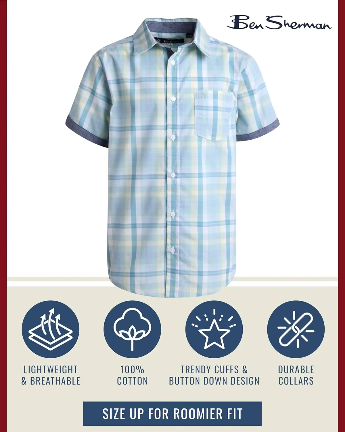 Ben Sherman Boys' Shirt - Short Sleeve Woven Button Down Shirt - Kids' Casual Collared Shirt for Boys (8-18)