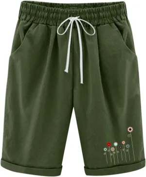 Bermuda Shorts for Women Knee Length Cotton Linen Elastic Waist Drawstring Shorts Summer Capris Pants with Pockets