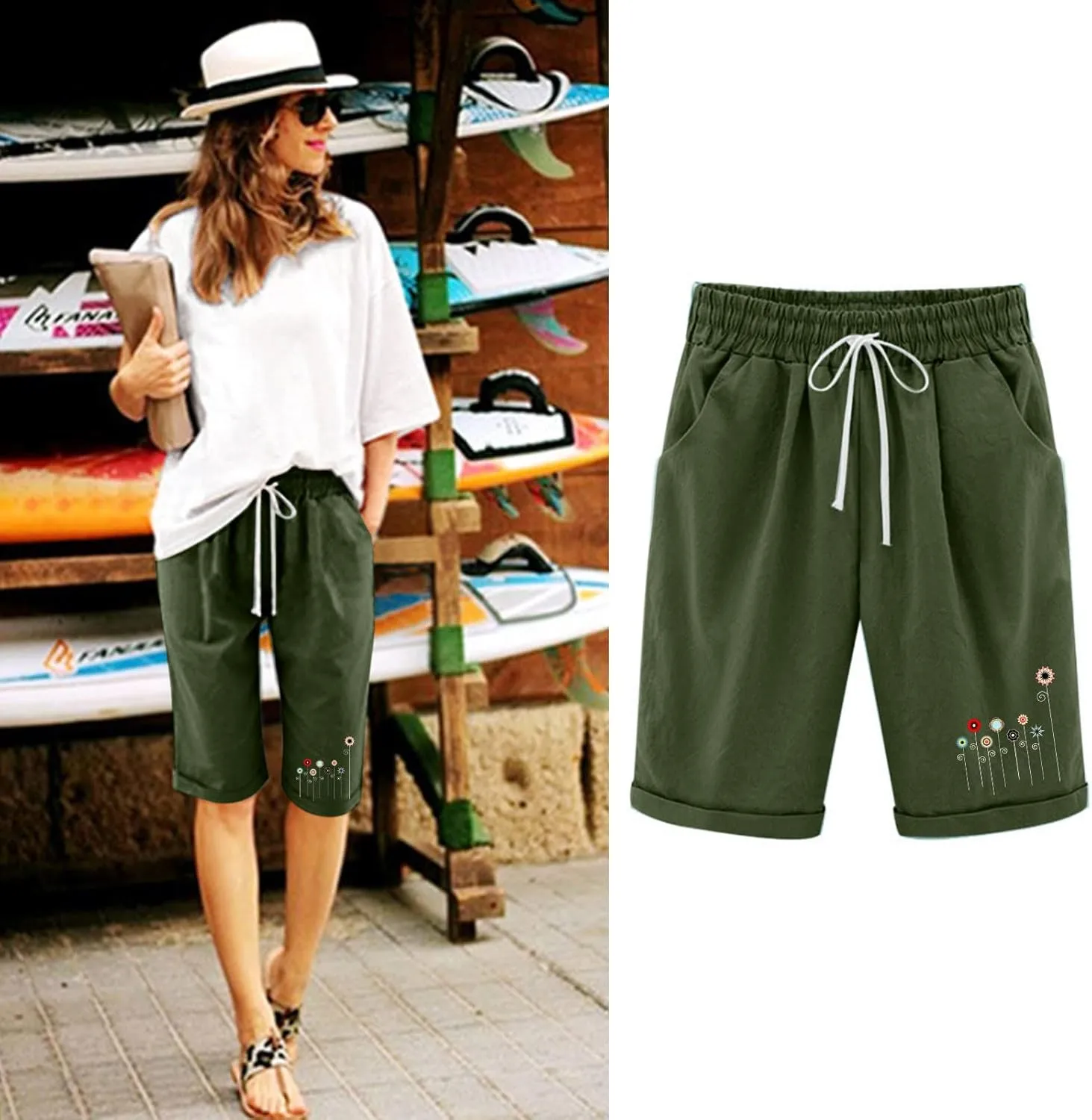 Bermuda Shorts for Women Knee Length Cotton Linen Elastic Waist Drawstring Shorts Summer Capris Pants with Pockets